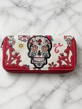 SUGAR SKULL Rare Zip-Around Wallet - Red & White. Floral Skull Artwork.